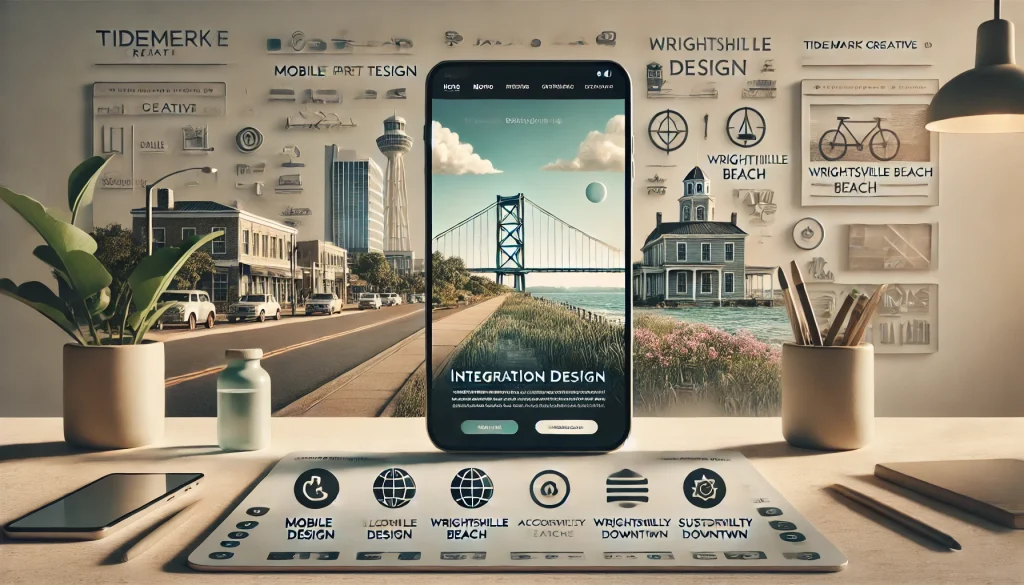 An engaging web design interface featuring a clean, minimalist layout with mobile-first design. The background includes Wilmington, NC landmarks like Wrightsville Beach and historic downtown, along with icons representing accessibility and sustainability. The design highlights local imagery integration and smooth navigation, showcasing Tidemark Creative's innovative approach to web design trends in Wilmington.