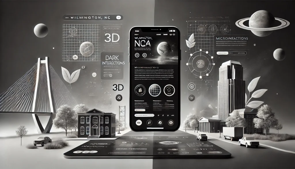 A modern web design interface featuring a sleek, minimalistic layout with dark mode enabled. The design includes 3D interactive elements, bold typography, and microinteractions on a mobile and desktop screen side by side. The background subtly incorporates Wilmington, NC landmarks alongside eco-friendly icons, representing a blend of cutting-edge technology and sustainability in web design for 2024.