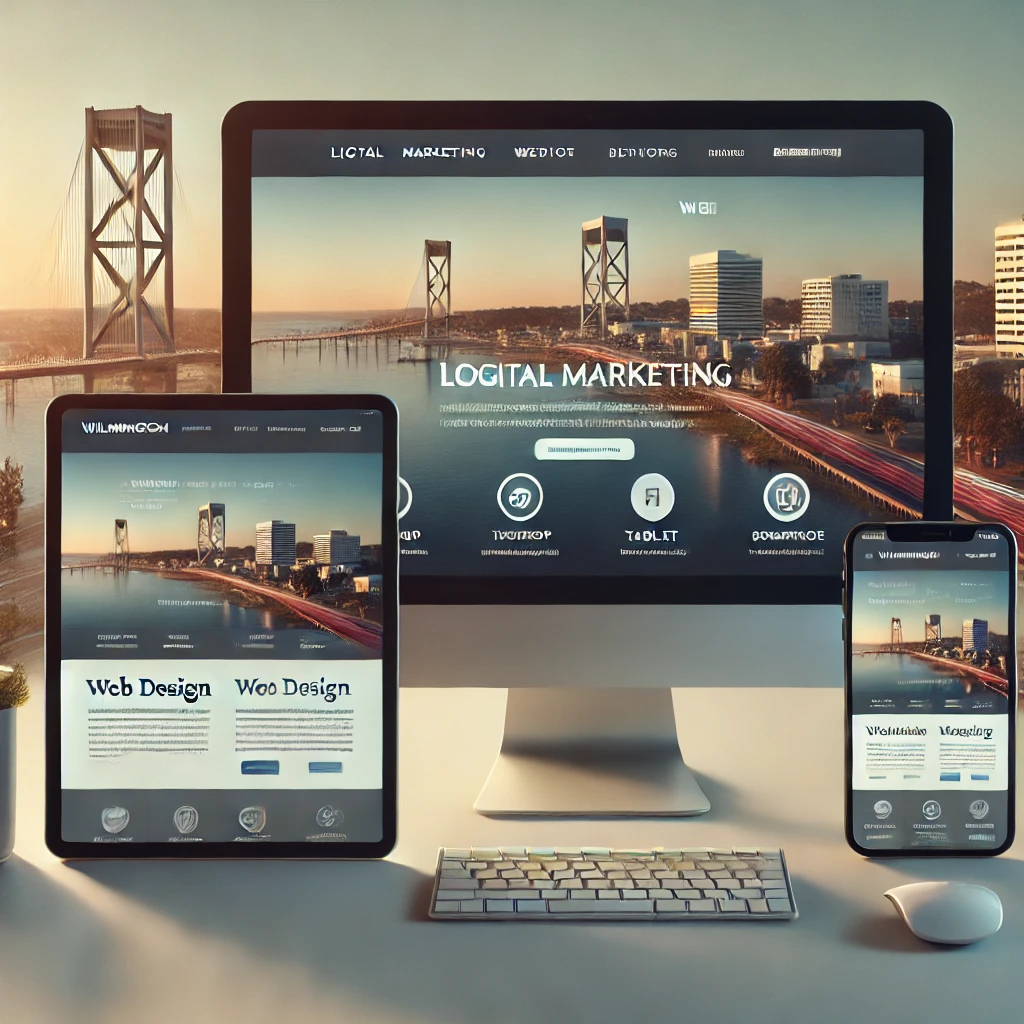 Modern website mockup displayed on desktop, tablet, and smartphone, representing professional Web Design in Wilmington, NC with a coastal background.