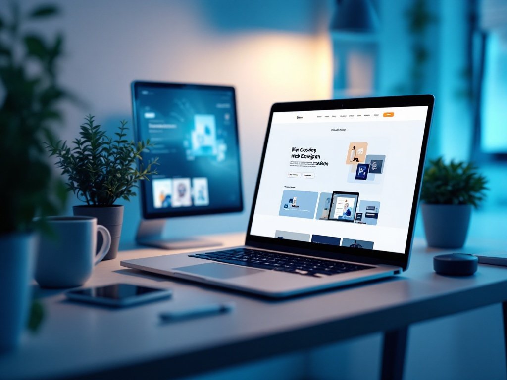 Modern web design workspace featuring a sleek desktop setup with multiple screens displaying website mockups, surrounded by creative design elements and a warm, professional atmosphere